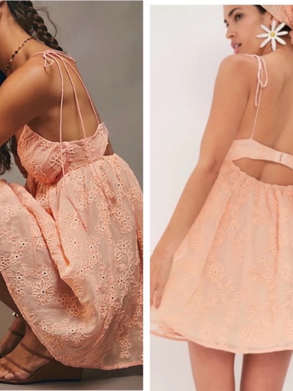 Women's Peach Eyelet Lace Tie-Shoulder Babydoll Dress For Love & Lemons Large